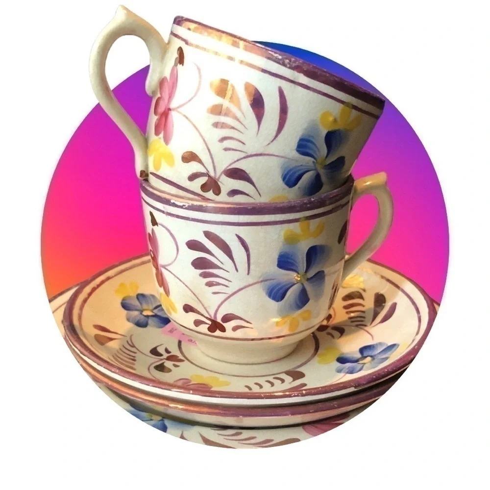 Antique Japan Lusterware Pink Teacups Saucers Set